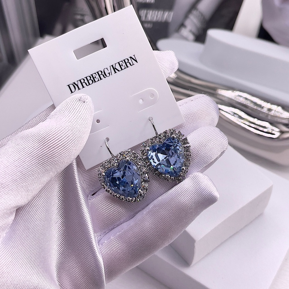 Light Blue Heart And Clear Crystals Silver Earrings, Sterling Silver Plated - Picture 2 of 5